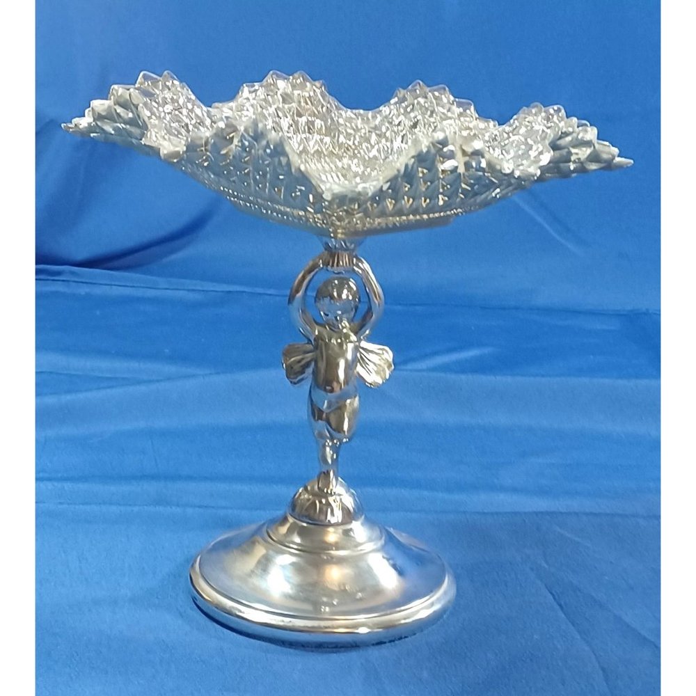 Vintage 1950s Silver Chrome Angel Cherub Bon Bon Candy Dish Footed Serving Tray - Picture 1 of 10
